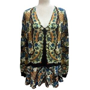 Free People Lovely Dreams Printed Boho Long Tunic Blouse Size Small V-Neck